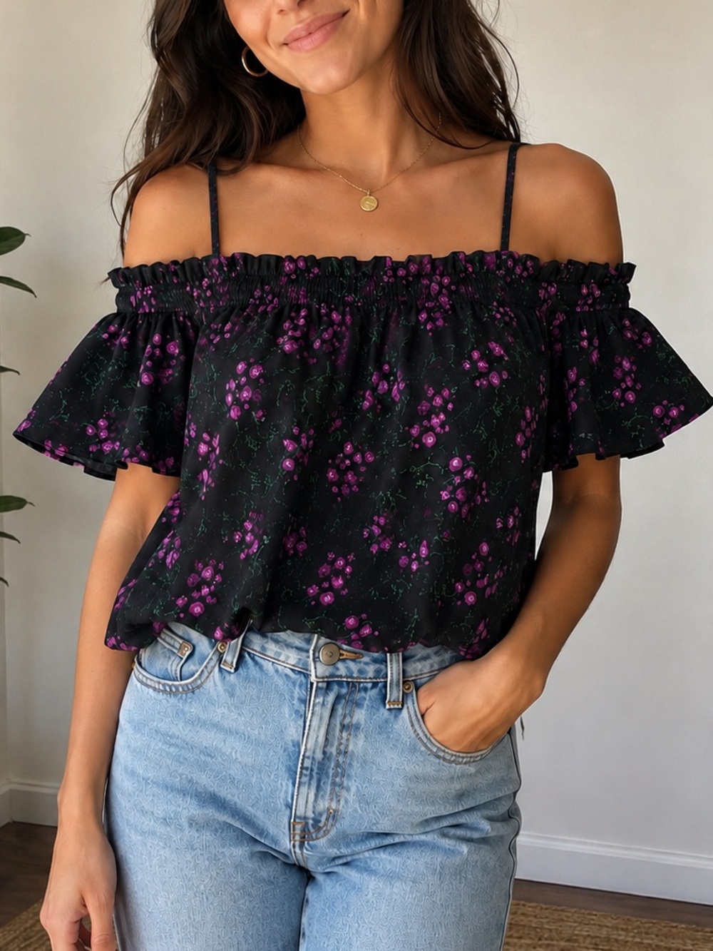 Love & Legend Black Purple Floral Off Shoulder Flutter Sleeve Blouse Size US 22